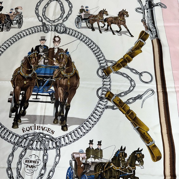 Hermes Pink, Cream & Brown 'Equipages' Silk Scarf - Picture 4 of 8